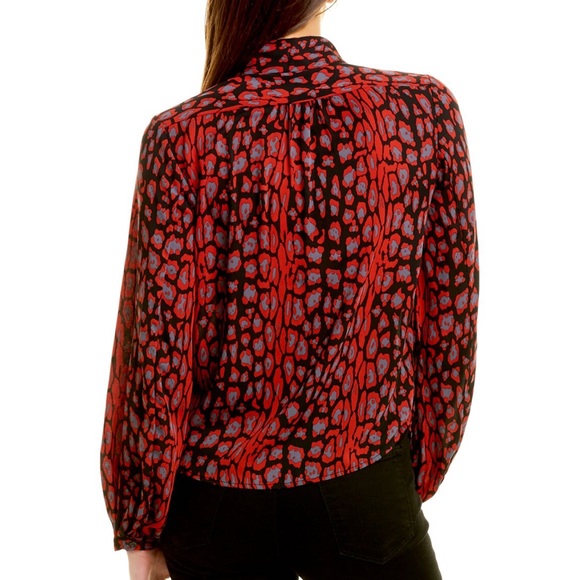 Bardot Mona Leopard Blouse Red Grey Black Collared Shirt Small Silky Long Sleeve - Picture 2 of 11
